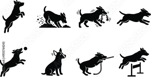 Dynamic illustrations of various dog actions and playful poses in black silhouette style