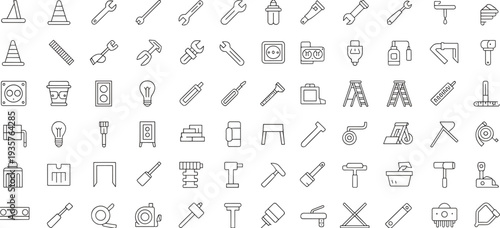 Construction and handyman tools line icons set, building equipment, repair instruments, workshop outline vector collection