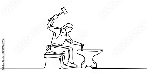 Blacksmith Forging Metal With Hammer Line Art Illustration