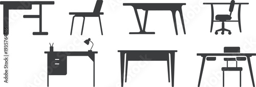 Office desk and chair silhouettes collection, workplace furniture icons set, modern corporate workspace interior equipment illustration