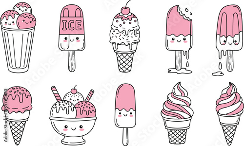Cute ice cream desserts collection with popsicles cones sundaes and soft serve, adorable sweet cartoon treats flat vector illustration set