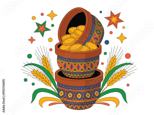 Stacked ornate clay pots overflow with shining golden coins surrounded by wheat.