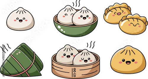 Cute kawaii dim sum dumplings collection bao bun steamed dumpling and zongzi cartoon Asian food characters vector illustration set