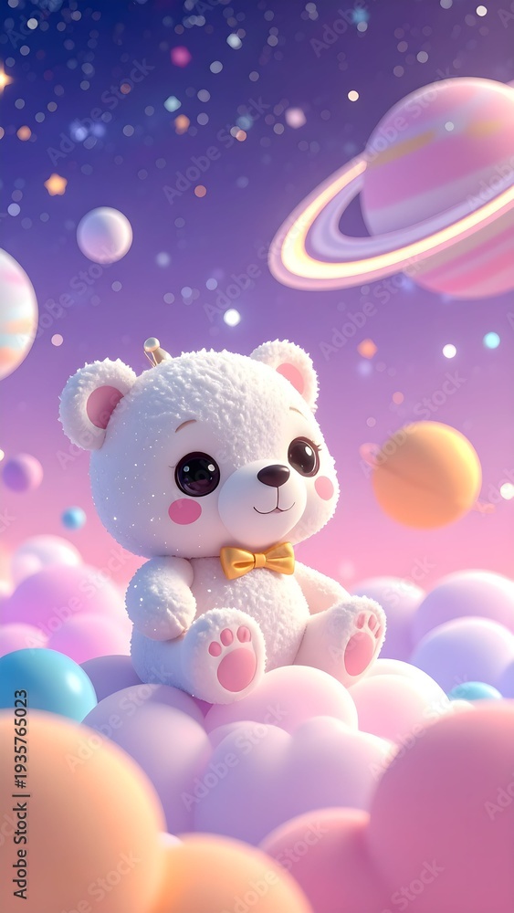 Fototapeta premium Cute Fluffy Teddy Bear in Dreamy Galaxy