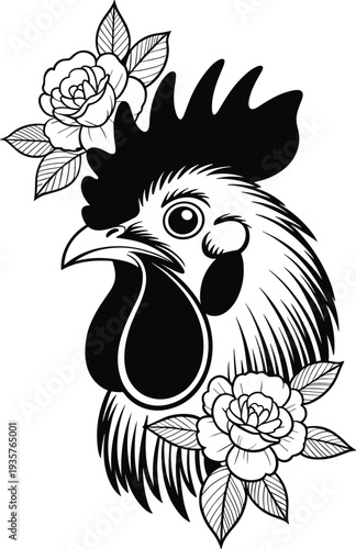 Vintage Rooster Floral Frame Farm Illustration