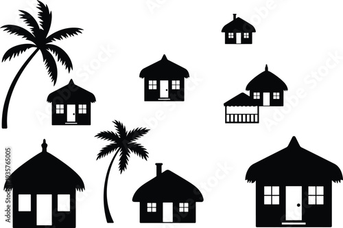 Black silhouettes of thatched-roof huts and palm trees on a white background thatched roofs