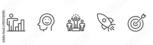 Success and growth web icons inline style. Handshake, growth profit, innovation, increase sale, coaching, progress, strategy, achievement, collection. Vector illustration.