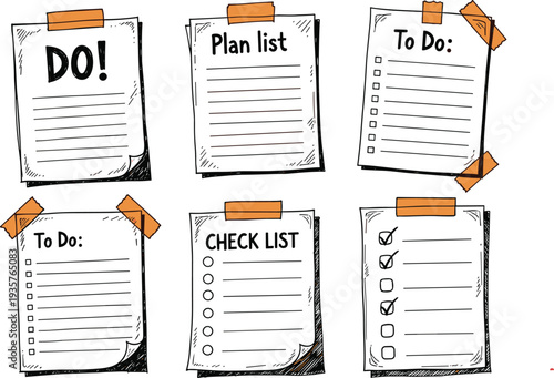 Hand drawn to do list and checklist notes set with plan list papers taped on wall, sketch style productivity reminder vector illustration