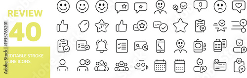 Collection of 40 black and white editable stroke line representing various review and communication concepts