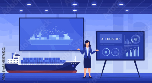 Woman presenting AI logistics and container ship technology.
