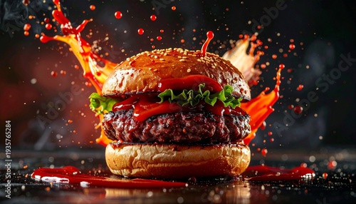 Juicy burger with sparkling sauce dynamic food photography