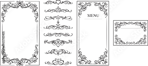 A versatile collection of decorative frames and border elements features elegant Victorian inspired swirls and curls.