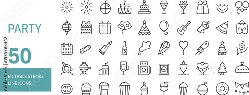 Collection of 50 black and white line representing party-related and activities editable