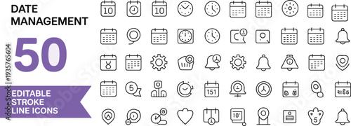 Collection of 50 Editable Stroke Line Related to Date Management and Time Tracking calendar