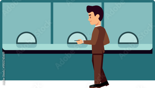 Man in bank interior. Cartoon department glass window