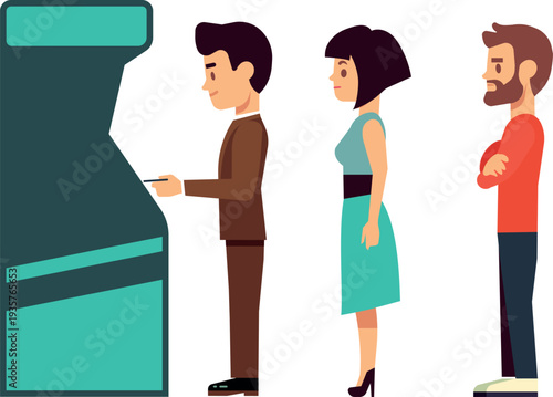 Atm line cartoon icon. People waiting in queue