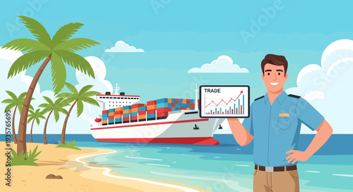 Man holding tablet with financial graph on tropical beach.