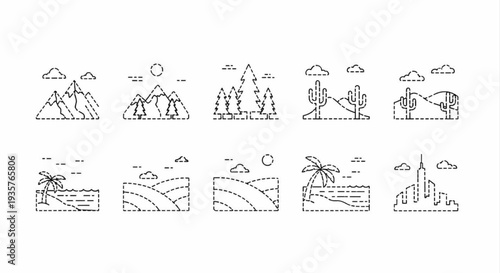 Landscape Outline Icon Set, Dashed Line Nature Icons, Single Black Line Editable Vector Collection