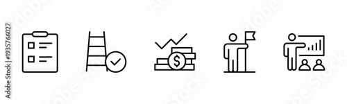 Success and growth web icons inline style. Handshake, growth profit, innovation, increase sale, coaching, progress, strategy, achievement, collection. Vector illustration.