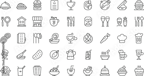 Collection of black and white line representing various food utensils, and cooking tools line food
