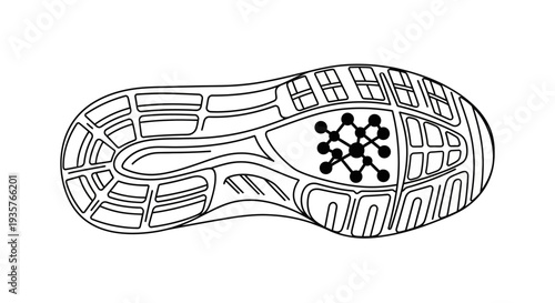 Athletic shoe sole with molecular structure pattern illustrating advanced footwear technology