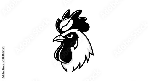 Black and White Stylized Rooster Head with Coffee Bean Comb Logo
