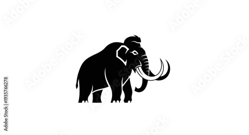 Black Silhouette of a Woolly Mammoth with Large Tusks on White Background, Prehistoric Animal Icon