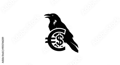 Black Raven or Crow with Euro and Dollar Currency Symbols