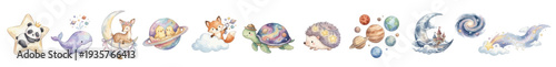 Watercolor cute space nursery clipart set with animals, planets and moons in pastel tones. Collection of Vector illustrations. Perfect for invitation, card, poster, banner, decoration