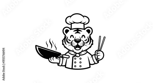 Cute Tiger Chef Mascot Cooking with Wok and Chopsticks - Culinary Logo Design