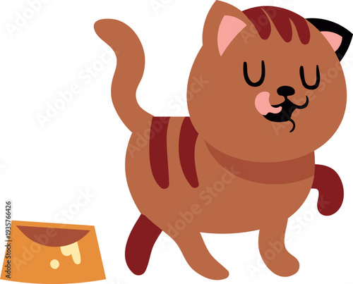 Fed happy cat licking tongue. Tasty pet food