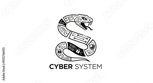 Cyber System Snake Logo with Digital Security and Technology Elements