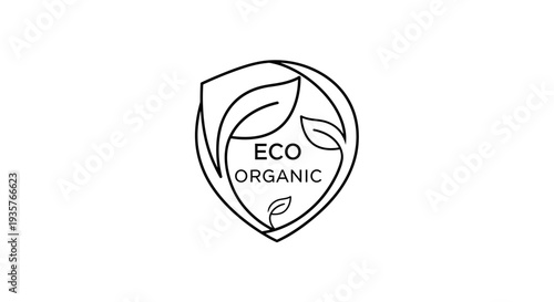 Eco Organic Logo with Leaves in Shield Shape - Natural Sustainable Product Label