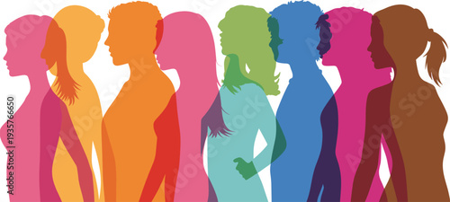 Diverse people silhouettes, colorful overlapping profiles, male and female figures, teamwork and community unity, social diversity concept, modern flat vector portrait illustration