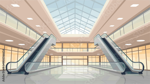 Detailed flat vector illustration of a futuristic shopping mall interior featuring sleek glass corridors, metallic escalators, geometric ceiling lights, and a sunlit atrium. 