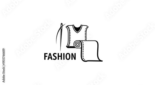 Fashion design and tailoring logo with sewing needle, fabric, and garment