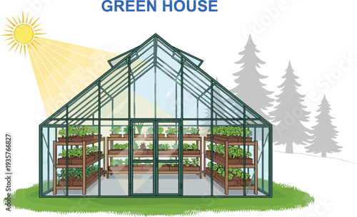 Greenhouse structure diagram showing glass building with plant shelves and sunlight for agricultural and botanical science education