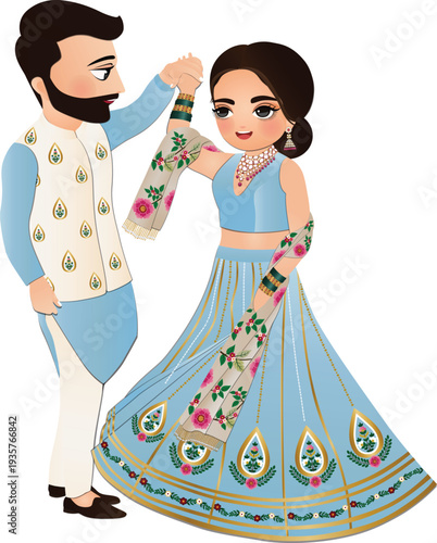  Wedding invitation card the bride and groom cute couple in traditional indian dress cartoon character