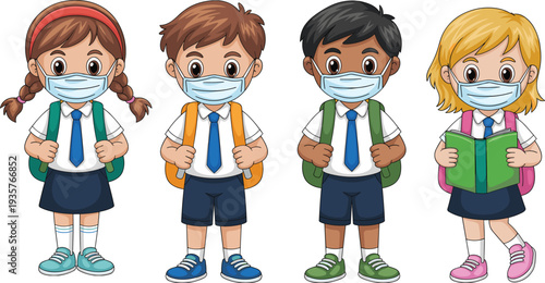 Diverse school children wearing face masks with backpacks and books, cartoon students health safety concept, back to school vector illustration isolated on white
