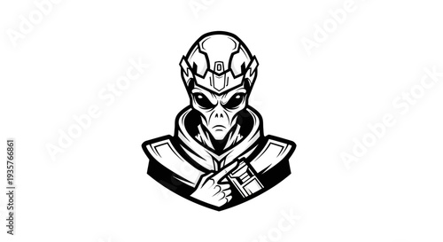Futuristic Alien Commander Pointing Finger Monochrome Illustration