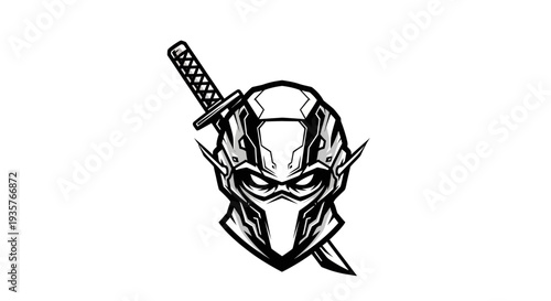 Futuristic Ninja Head with Katana Sword Logo Illustration