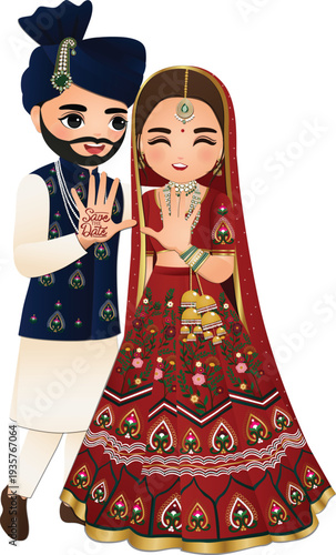  Wedding invitation card the bride and groom cute couple in traditional indian dress cartoon character