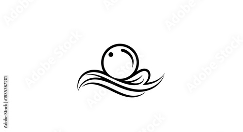 Minimalist black and white logo featuring a stylized circle resting on elegant flowing waves