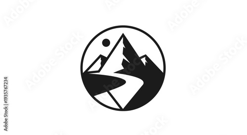 Minimalist Mountain Landscape Logo with Path and Sun in Circle