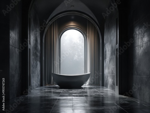 Dark stone walls frame an arched window. Misty dawn filters through sheer curtains. Modern freestanding tub sits center stage. Polished floor reflects ambient light softly. Archway leads to serene