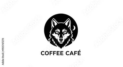 Modern black and white wolf head coffee cafe logo design with moon and minimalist style