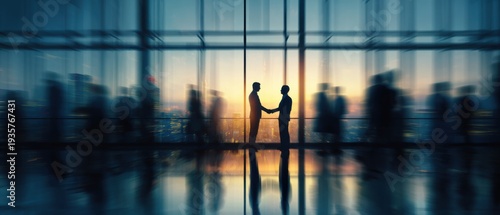 Deal sealed at sunset over the city. Success and momentum in the fast-paced corporate world.