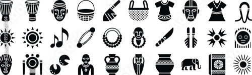 African tribal culture icons set, ethnic symbols collection, traditional mask drum pottery jewelry illustration, black silhouette African heritage elements