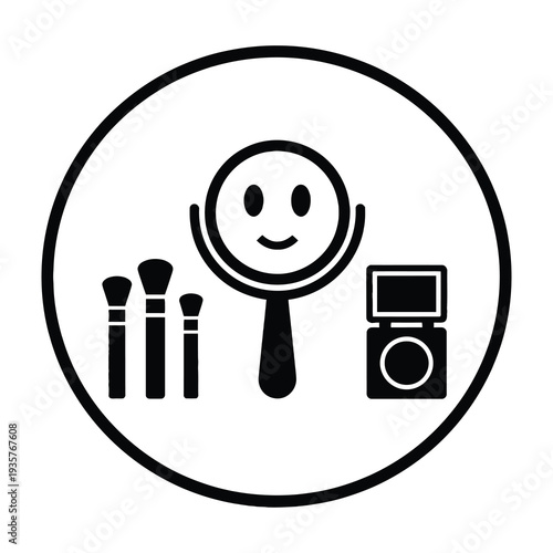 Minimalist flat design illustration showcasing a cheerful face closely examining beauty tools including makeup brushes a magnifying mirror and a compact makeup case for creative branding