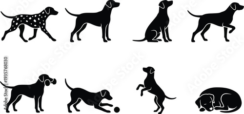 Collection of playful dog silhouettes in various poses for pet-themed designs